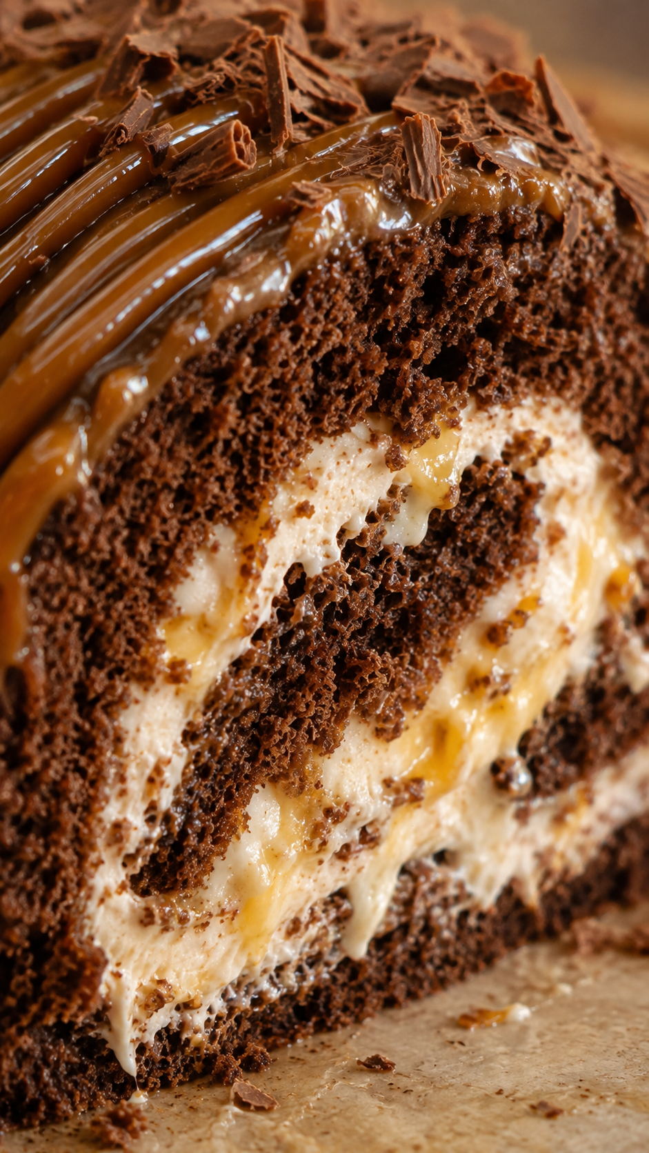 Fatia de bolo de chocolate com caramelo